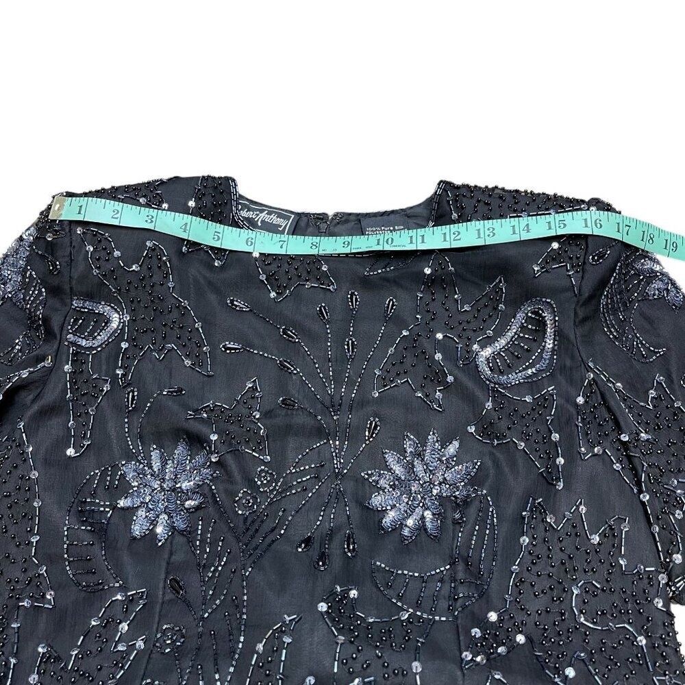 Robert Anthony Black Silver Sequined Beaded Short Sleeve Lined Silk Dress Size 8 - Picture 9 of 14